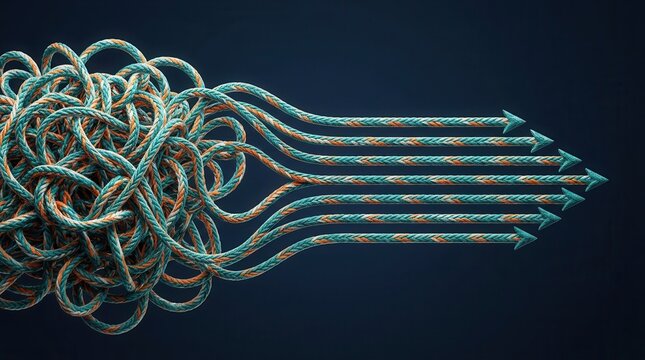 Concept of untangling chaos into strategic order with colorful ropes becoming straight arrows.