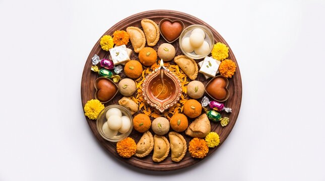 Assorted traditional Indian sweets and snacks beautifully arranged around a glowing diya oil lamp on a wooden platter with marigold flowers for Diwali festive celebration.