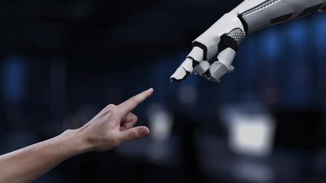 A futuristic robot assistant communicates with a user in a modern office setting, highlighting the role of AI technology in transforming workplace interactions and productivity. Synapse