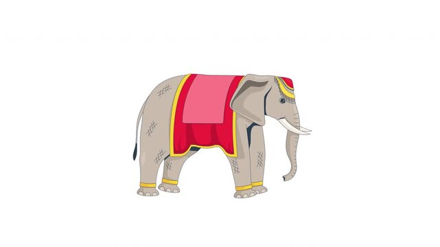 Decorated Indian elephant walking 2D character animation. South Asian culture. Giant mammal wearing ornate ceremonial cloth and headpiece animated animal cartoon 4K video on transparent background