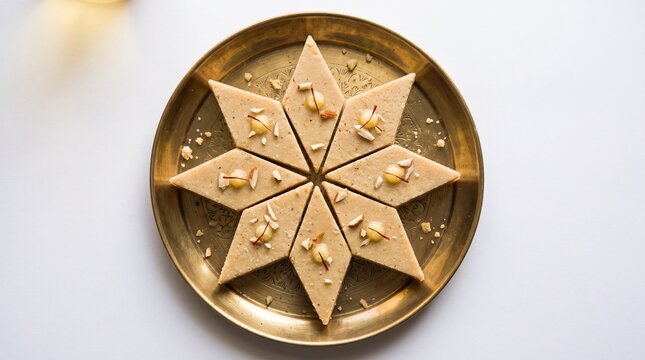 Traditional Indian milk fudge (barfi) pieces arranged in a star pattern on a brass plate, garnished with nuts and saffron strands for festive celebrations.