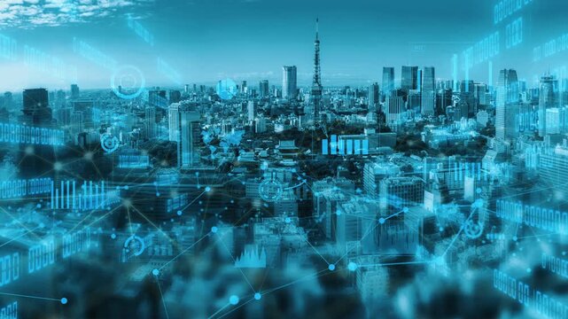 A captivating view of a bustling city skyline set against a vibrant blue hue, featuring a digital overlay representing advanced technology and connectivity. Xenic