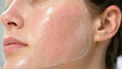 Fototapeta premium Close up of female face with clear hydrating gel sheet mask applied on cheek and skin glowing natural