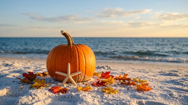 Bright orange pumpkin resting on white sand surrounded by colorful autumn leaves and a starfish near the blue ocean at sunset.
