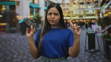 Young woman holding a gamepad with one hand and lifting an index finger in a pedestrian street, blue tshirt and denim jeans, neutral expression  skepticism. © Krakenimages.com