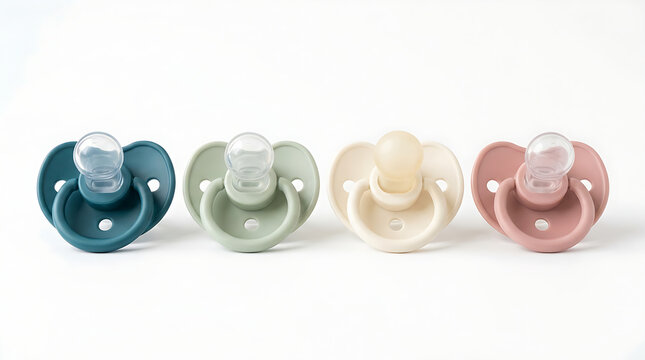 Four stylish baby pacifiers featured in soft muted shades on a minimal white background for online store listings.