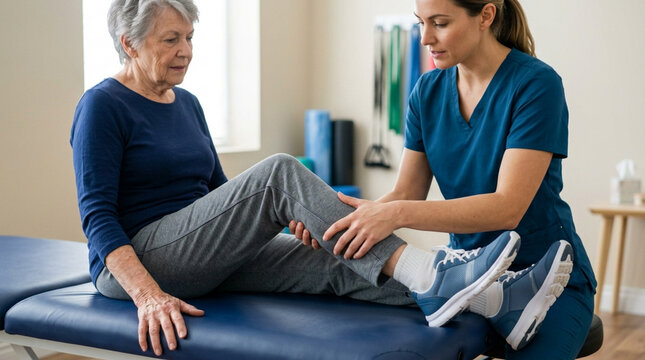 Senior woman undergoing physiotherapy for leg rehabilitation with a healthcare professional.