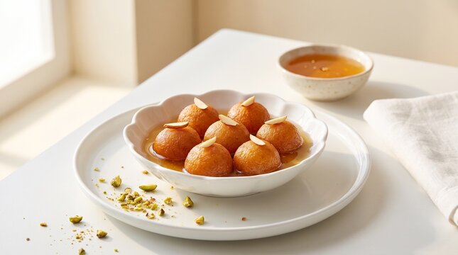 Soft, golden gulab jamun soaked in sweet syrup, garnished with sliced almonds and pistachios, served elegantly on a bright white table.