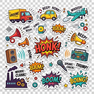 Vibrant set of comic-style stickers featuring sound effects, vehicles, instruments, and speech bubbles depicting various loud noises.