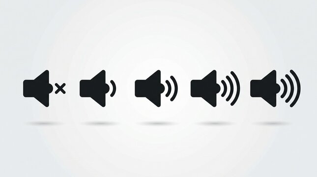 Sequence of black speaker volume icons showing mute, low, medium, high, and maximum sound levels on a clean grey background.