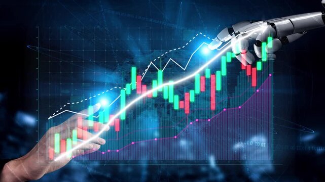 A captivating image showing a robotic hand reaching out to a human hand over a dynamic data graph, symbolizing the integration of technology and finance for innovative growth. Copula