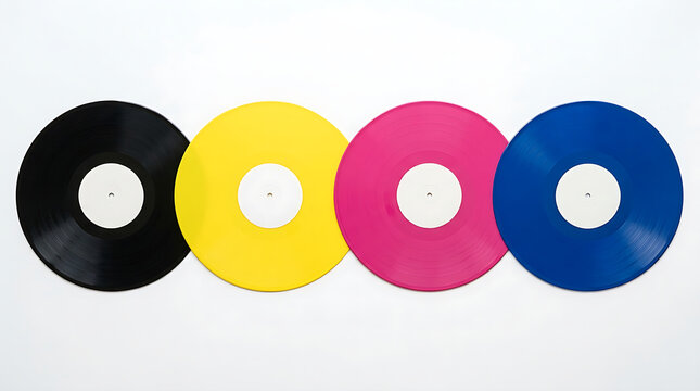 Modern colored vinyl record collection with blank labels on a seamless white background ideal for music store ads.