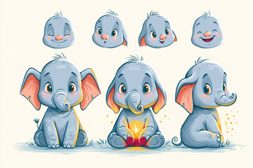Fototapeta premium Cute Cartoon Baby Elephant Character Set with Different Poses