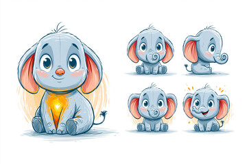 Fototapeta premium Cute Cartoon Baby Elephant Character Set with Different Poses