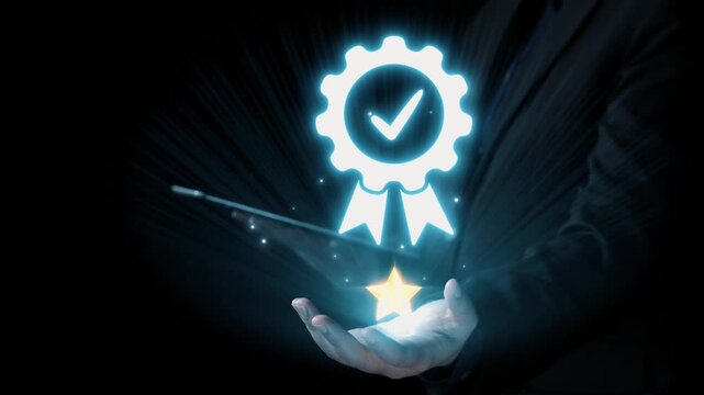 A glowing badge symbolizing quality, complete with stars and a check mark, highlights achievement and professional recognition in a dark environment. Ideal for various promotional uses. Qubit