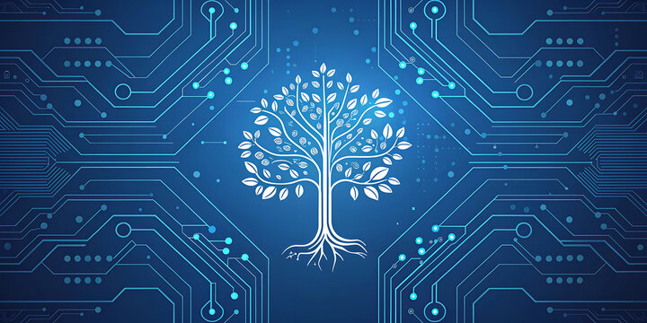 Digital technology circuit board featuring a glowing tree symbol