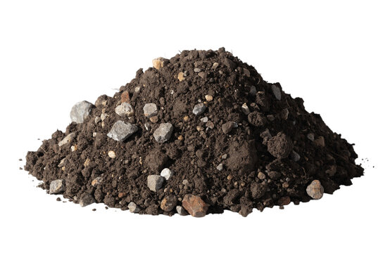 Pile of organic dark soil and ground dirt isolated on white background for agriculture and gardening mockup.