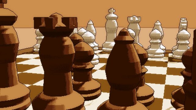 Low-angle camera dolly through retro pixel-art chess pieces