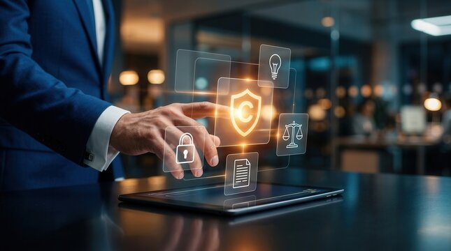 Digital intellectual property and patent protection concept with a hand touching glowing legal icons.