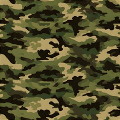 Seamless military camouflage textile print only, irregular organic shapes in olive green, forest green, khaki, dark brown and black. © Mudit
