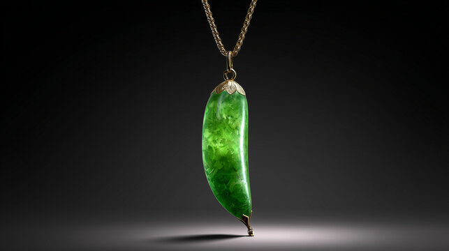 A slim green nephrite pendant formed like a seed pod against a dark backdrop.
