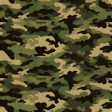 Seamless military camouflage textile print only, irregular organic shapes in olive green, forest green, khaki, dark brown and black.