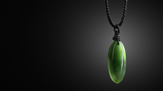 A slim green nephrite pendant formed like a seed pod against a dark backdrop.