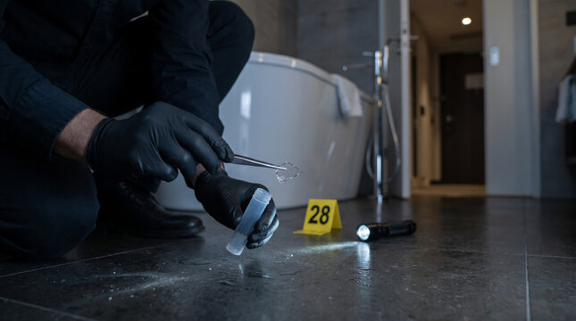 Forensic Investigator Collecting Evidence Sample at Crime Scene in Bathroom