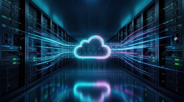 Digital transformation concept showing cloud data migration in a high speed network server room.