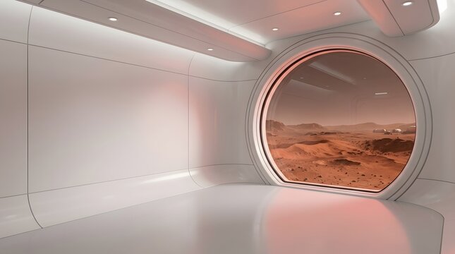 Spaceship interior viewing desert landscape through circular window