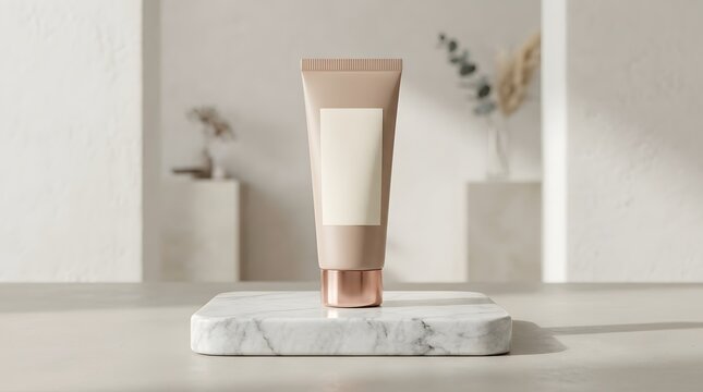 Minimalist luxury skincare tube mockup on marble bathroom shelf with natural light