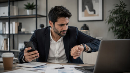 Fototapeta premium Stressed businessman checking time looking at smartphone and laptop
