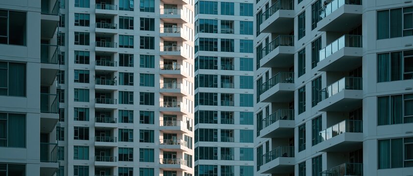 Modern high rise residential apartment building with repetitive grid pattern of glass balconies and blue tinted windows creating a clean cool contemporary city residential facade