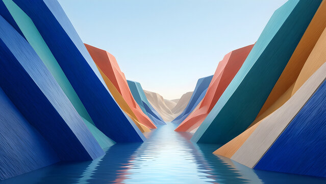 Large prismatic planes forming one abstract canyon with a clear luminous path for modern editorial design, brand campaign and future-facing abstract background