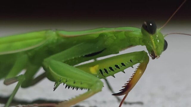 Night macro close-up of a green praying mantis showing its large dark eyes and powerful spiny raptorial forelegs.