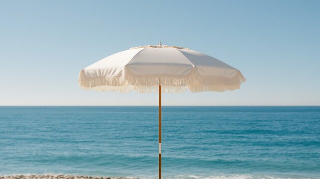 Vintage style creamy white beach umbrella with soft fringe trim standing on sandy beach facing calm deep blue ocean under a clear bright sunny sky