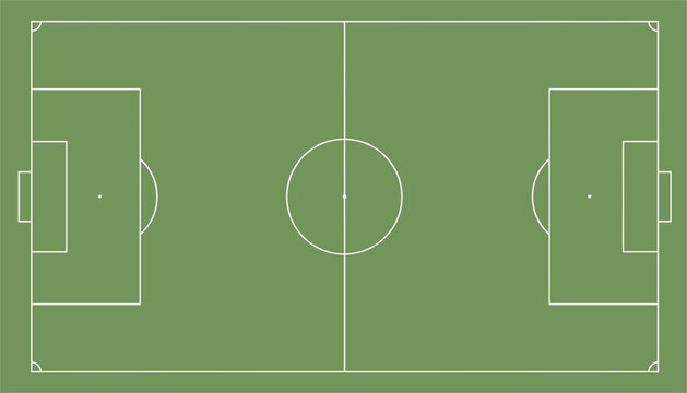 High angle view of a professional green soccer field or football pitch layout with clear white markings and goals.