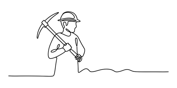Continuous single line drawing of a coal miner holding a pickaxe and helmet