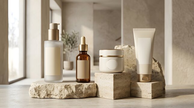 Minimalist luxury skincare set mockup on marble bathroom shelf with natural light