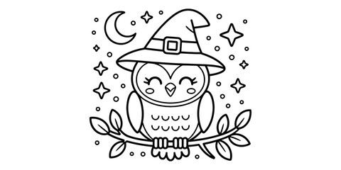 Cute owl wearing a witch hat sitting on a tree branch at night with stars