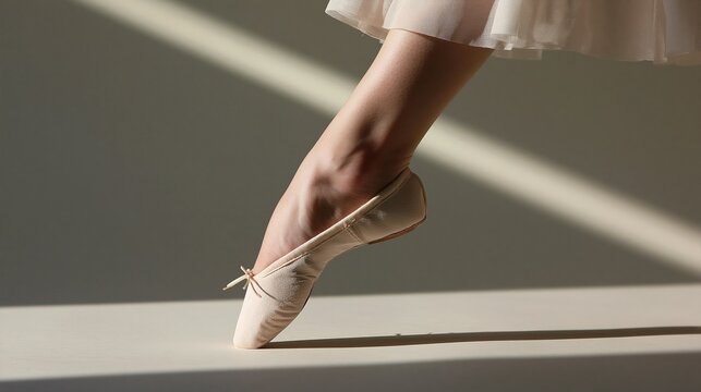 Close cropped view of ballerina foot en pointe in pale beige satin ballet pointe shoe on light floor with directional light casting soft shadow showing classical ballet dance art