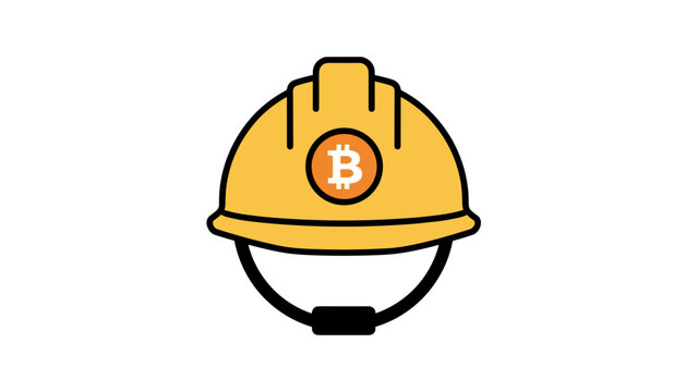 Yellow construction safety helmet featuring a prominent orange and white Bitcoin cryptocurrency logo on the front.