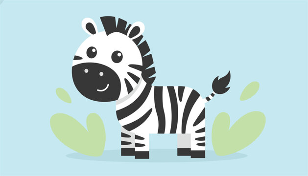 Cute little happy cartoon zebra standing and smiling on a soft blue background with light green heart leaves.