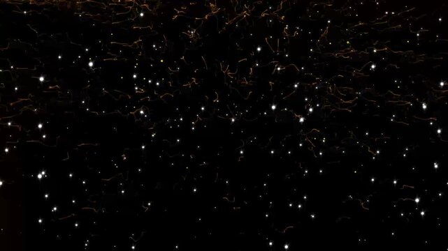 Brilliant white sparkles sweep across a black background while golden fairy particles follow a flowing light path, creating radiant star bursts, glowing dust and enchanting visual effects 4k