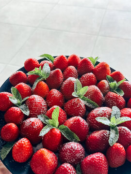 Strawberry, fresh ripe organic strawberries plate served with mint and sugar powder close-up. Strawberries on a gray table background. Fresh ripe juicy berries, closeup , top view
