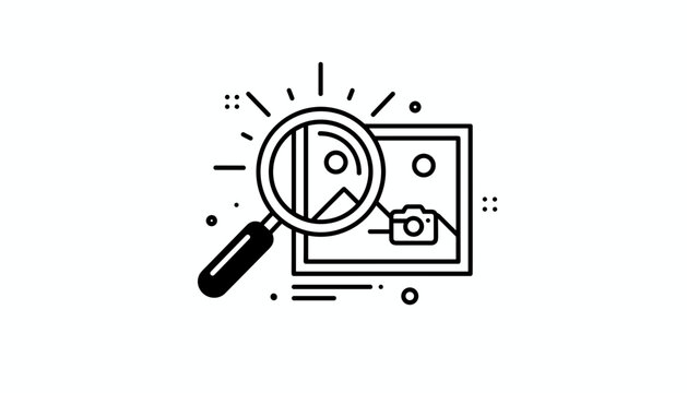 Line art icon of a magnifying glass examining a photograph representing image search, reverse search, or photo analysis.