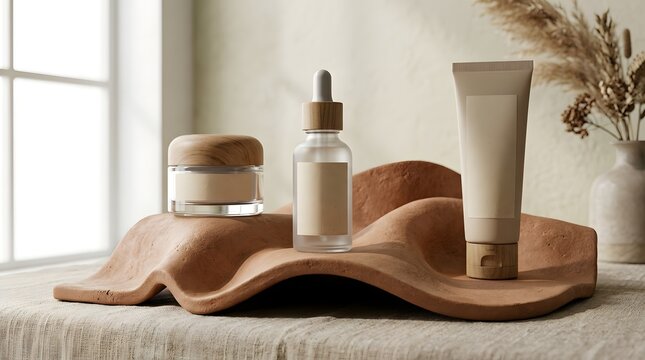 Minimalist skincare product mockup on wooden tray with natural light and linen backdrop