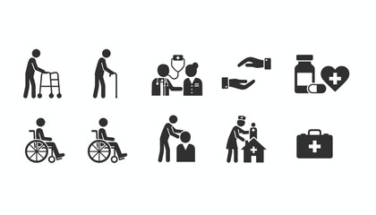 Fototapeta premium Healthcare and elderly care black flat icons set representing medical assistance, rehabilitation, and support services.