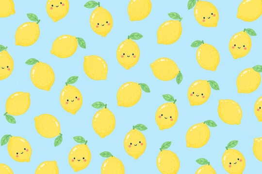 Cute lemon pattern with happy faces and leaves on blue background