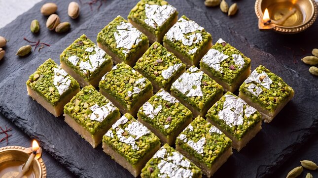 Traditional pistachio barfi with silver leaf, Indian festive sweets on dark stone platter, Diwali celebration dessert with diya lamps